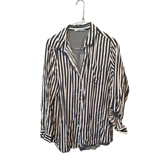 Jane & Delancey Shirt Womens Large Blue White Stripe Rayon Long Sleeve Button Up - Picture 1 of 4